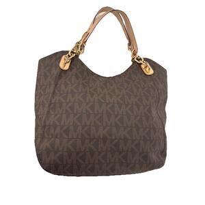 Michael Kors Signature Brown Logo Tote With Gold Chains